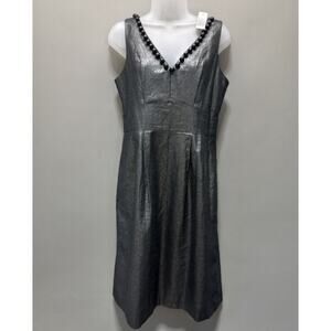 WDNY Dress 6 Black Linen Blend Beaded Metallic Sheath Knee Length Sleeveless NWT